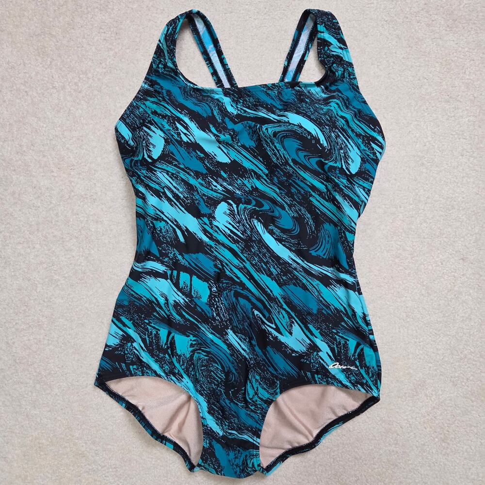 Ocean Aqua Shape Size 42/16 1 Pc Racerback Swimsuit Turquoise Black